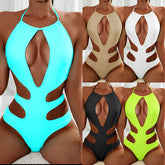 Multicolor Solid Color Retro Halter Beach One-piece Swimsuit