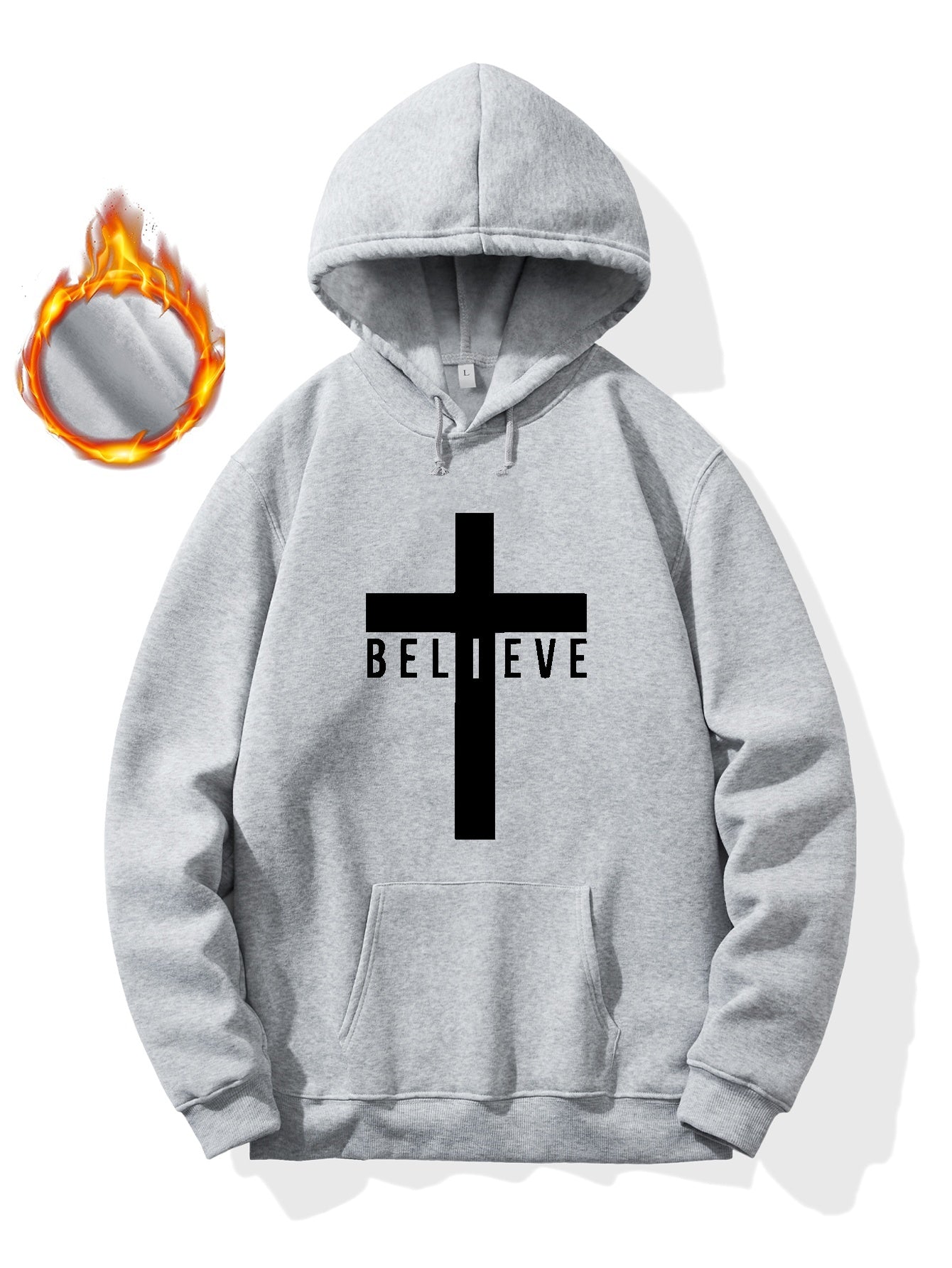 Christian Cross & BELIEVE Print Hoodie, Cool Hoodies For Men, Men's Casual Graphic Design Pullover Hooded Sweatshirt With Kangaroo Pocket Streetwear For Winter Fall, As Gifts