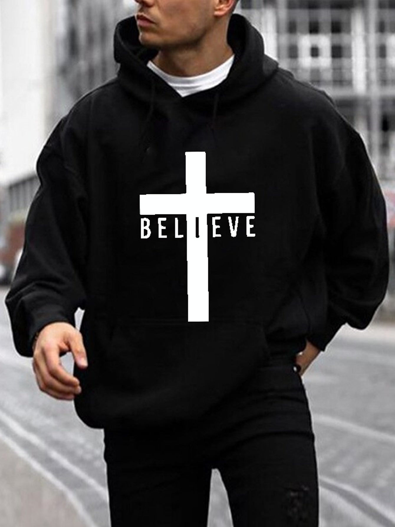 Christian Cross & BELIEVE Print Hoodie, Cool Hoodies For Men, Men's Casual Graphic Design Pullover Hooded Sweatshirt With Kangaroo Pocket Streetwear For Winter Fall, As Gifts