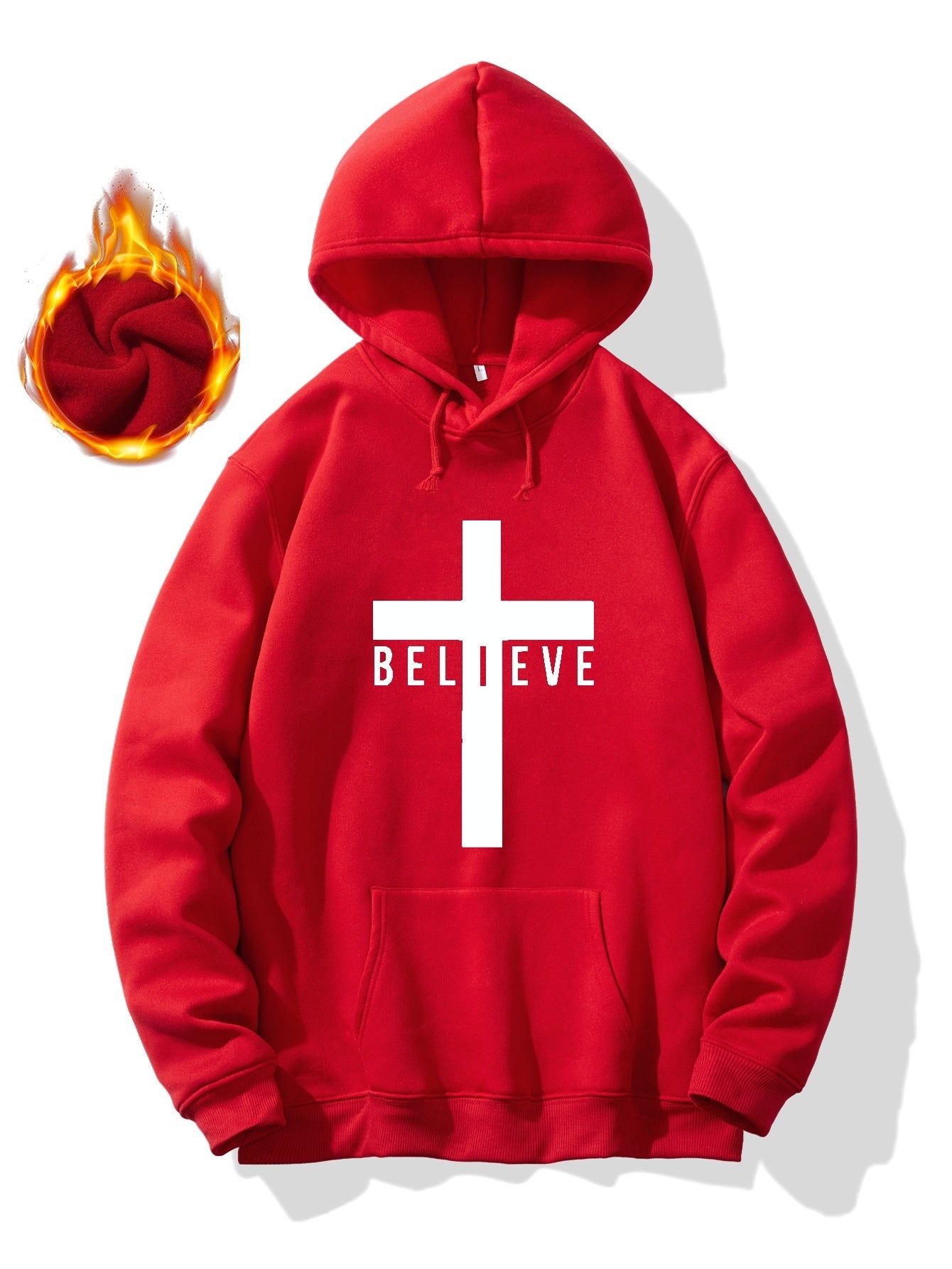 Christian Cross & BELIEVE Print Hoodie, Cool Hoodies For Men, Men's Casual Graphic Design Pullover Hooded Sweatshirt With Kangaroo Pocket Streetwear For Winter Fall, As Gifts
