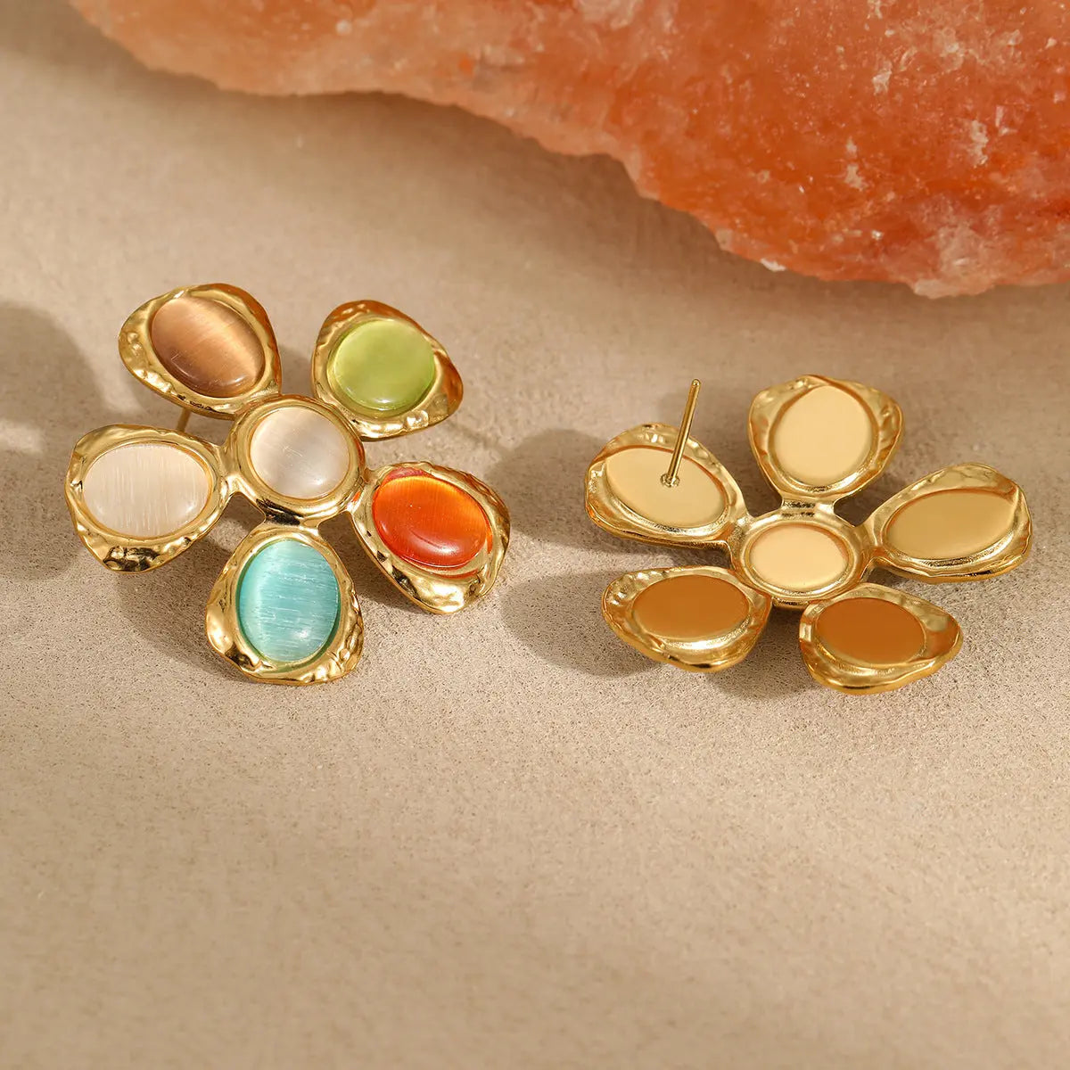 Colorful Opal Hammered Flower Earrings Suit UniqueTrends