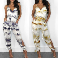 Irregular suspenders and belted jumpsuit