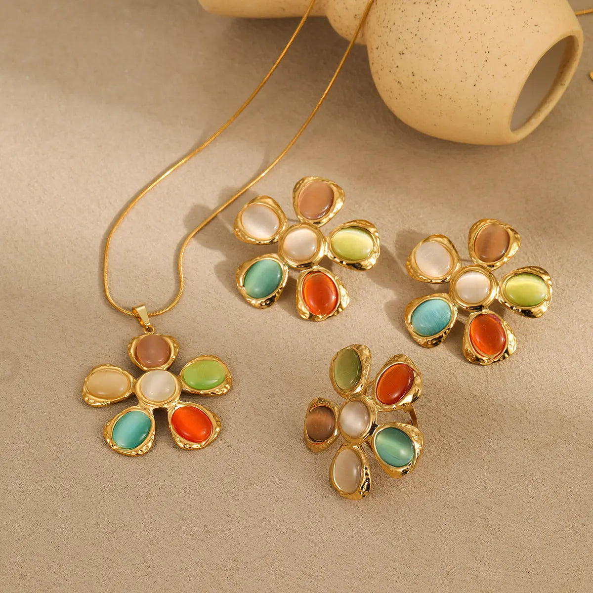 Colorful Opal Hammered Flower Earrings Suit UniqueTrends