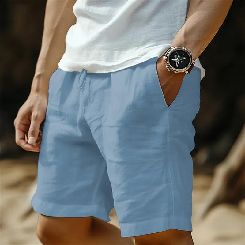 Men's Cotton And Linen Pocket Drawstring Elastic Waist Shorts UniqueTrends