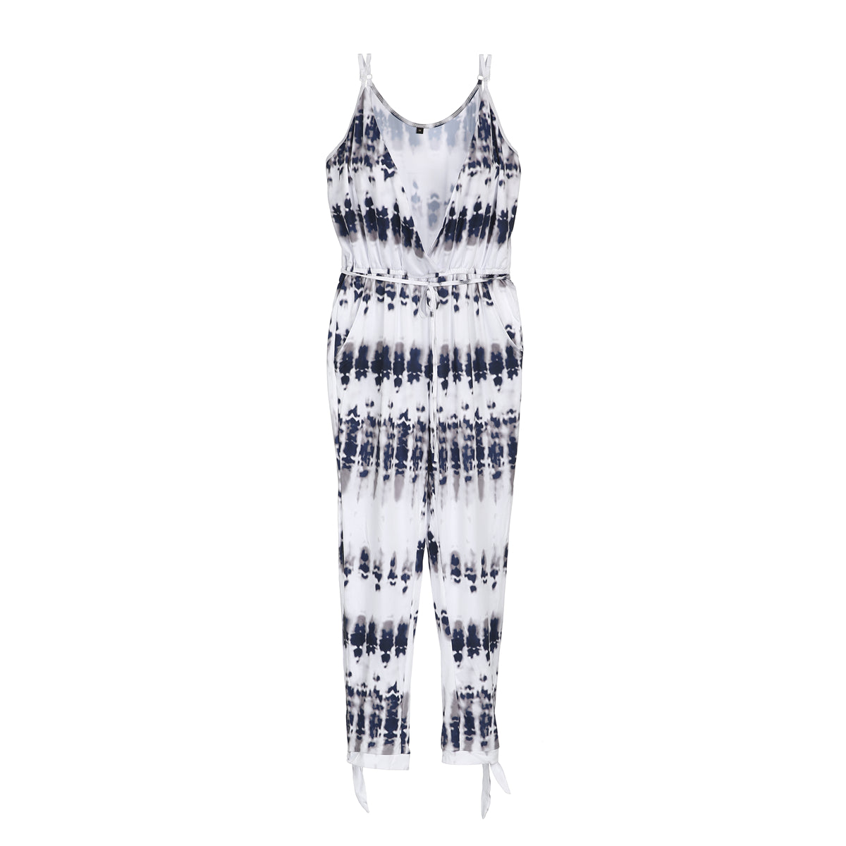 Irregular suspenders and belted jumpsuit