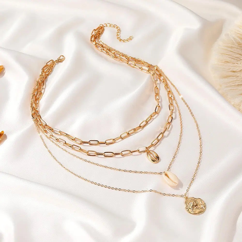 Women's All-match Simple Shell Pendant Hollow Portrait Multi-layer Necklace UniqueTrends