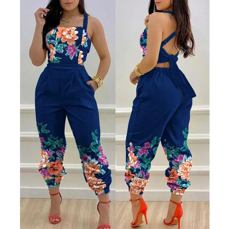 2022 Women Chic Casual Jumpsuits One Piece Plants Print Criss Cross Tied Detail Backless Jumpsuit