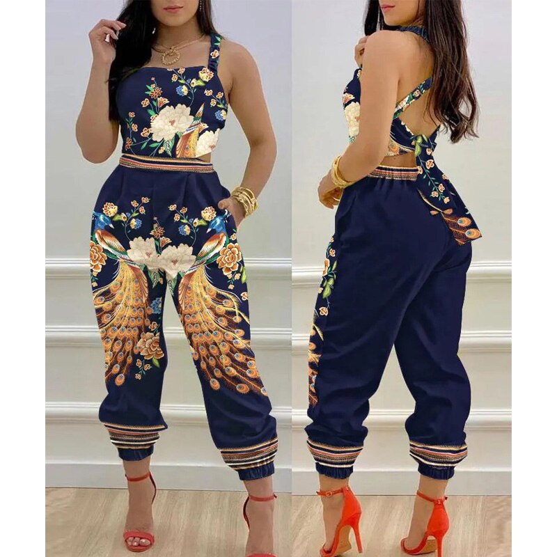 2022 Women Chic Casual Jumpsuits One Piece Plants Print Criss Cross Tied Detail Backless Jumpsuit