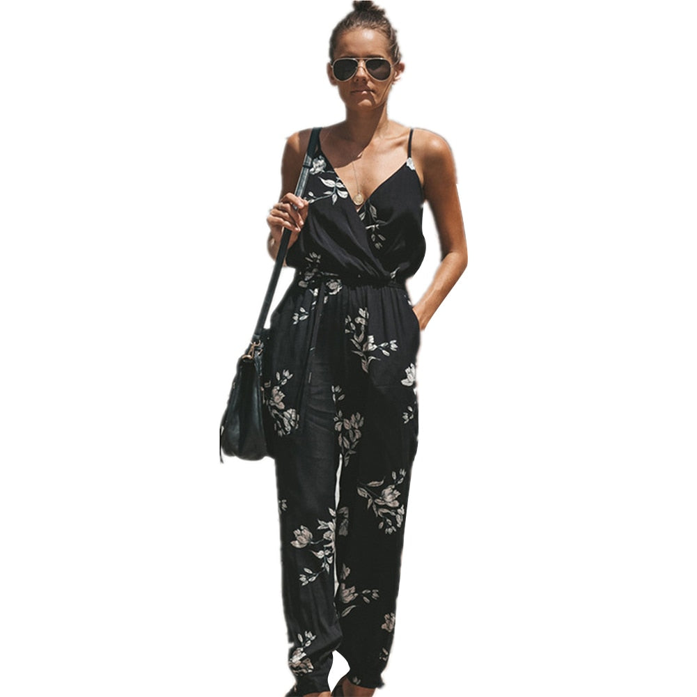 Boho Casual Jumpsuit Women Sexy Backless Deep V-neck Floral Print Strappy Romper Bodysuit Loose Long Pencil Side Slit Pants Summ