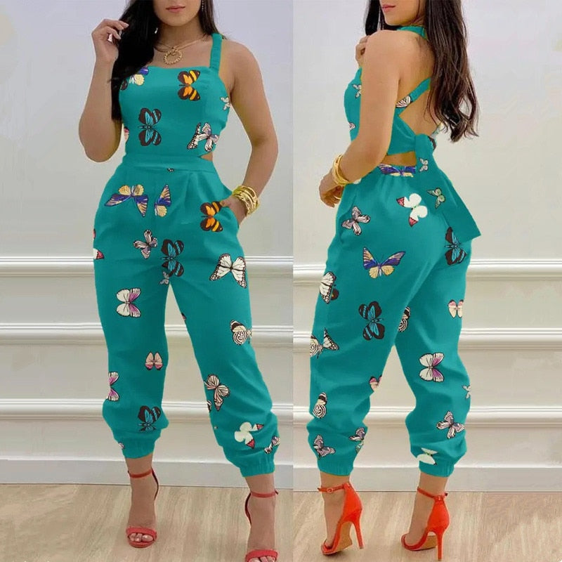 2022 Women Chic Casual Jumpsuits One Piece Plants Print Criss Cross Tied Detail Backless Jumpsuit