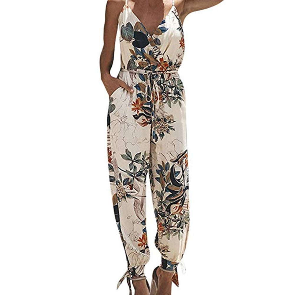 Boho Casual Jumpsuit Women Sexy Backless Deep V-neck Floral Print Strappy Romper Bodysuit Loose Long Pencil Side Slit Pants Summ