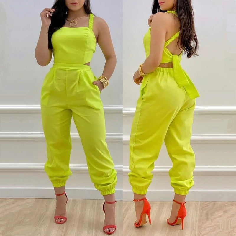 2022 Women Chic Casual Jumpsuits One Piece Plants Print Criss Cross Tied Detail Backless Jumpsuit