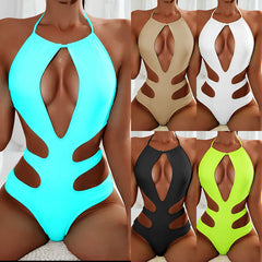 Multicolor Solid Color Retro Halter Beach One-piece Swimsuit