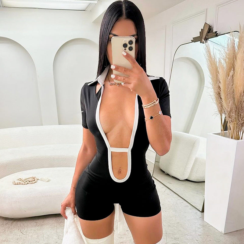 Contrast Color Polo Collar Tight One-piece Casual Shorts