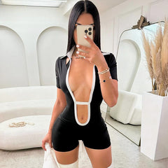 Contrast Color Polo Collar Tight One-piece Casual Shorts