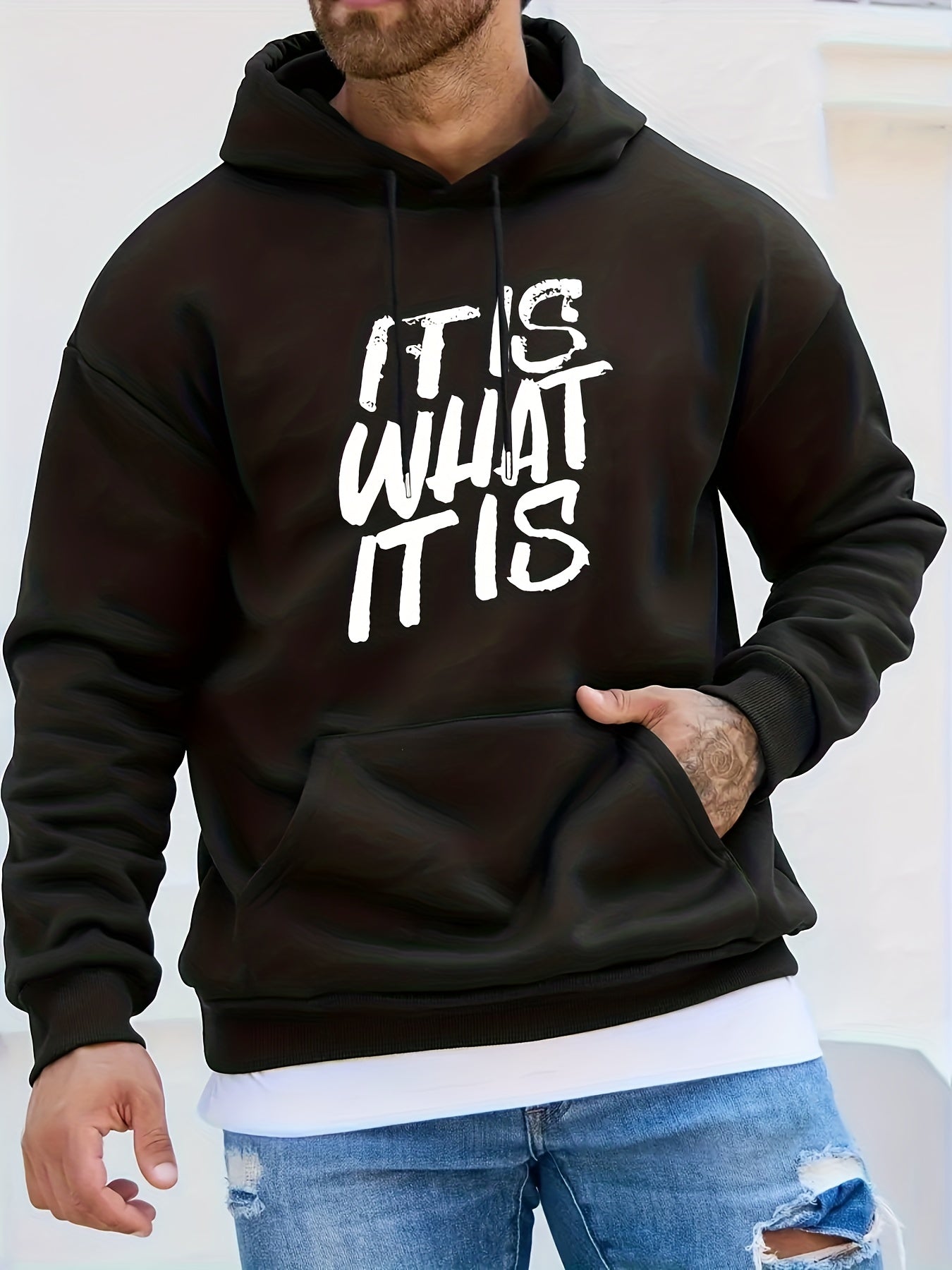 "IT IS WHAT IT IS" Print, Hoodies For Men, Graphic Sweatshirt With Kangaroo Pocket, Comfy Trendy Hooded Pullover, Mens Clothing For Fall Winter