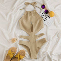 Multicolor Solid Color Retro Halter Beach One-piece Swimsuit