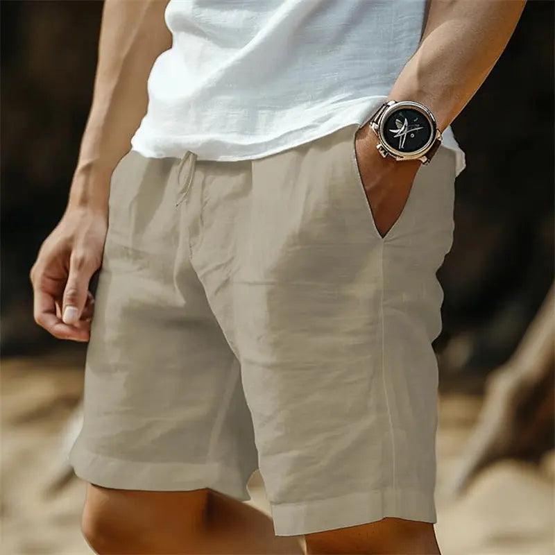 Men's Cotton And Linen Pocket Drawstring Elastic Waist Shorts UniqueTrends
