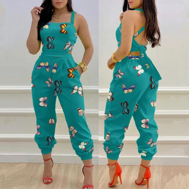 2022 Women Chic Casual Jumpsuits One Piece Plants Print Criss Cross Tied Detail Backless Jumpsuit