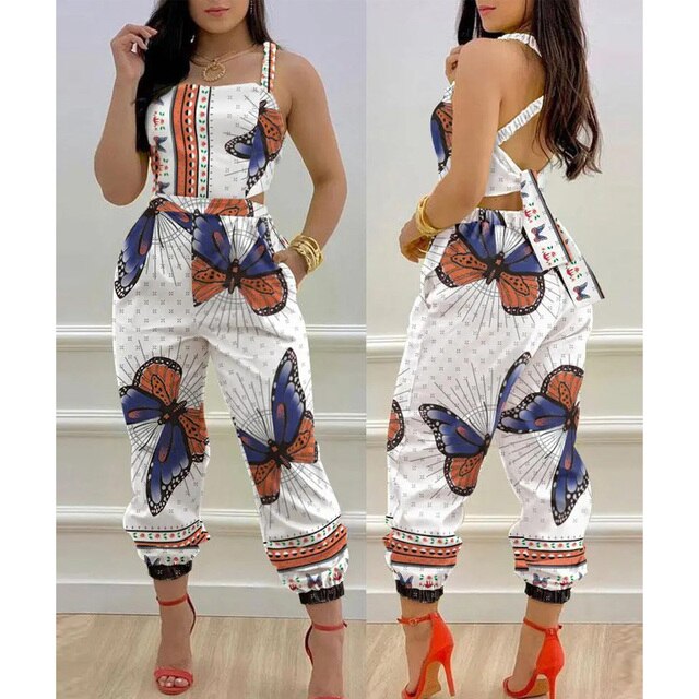 2022 Women Chic Casual Jumpsuits One Piece Plants Print Criss Cross Tied Detail Backless Jumpsuit