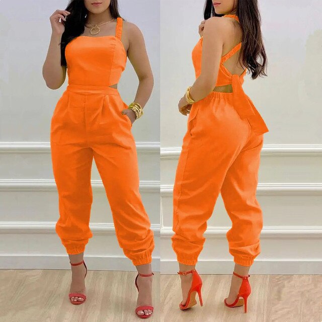 2022 Women Chic Casual Jumpsuits One Piece Plants Print Criss Cross Tied Detail Backless Jumpsuit