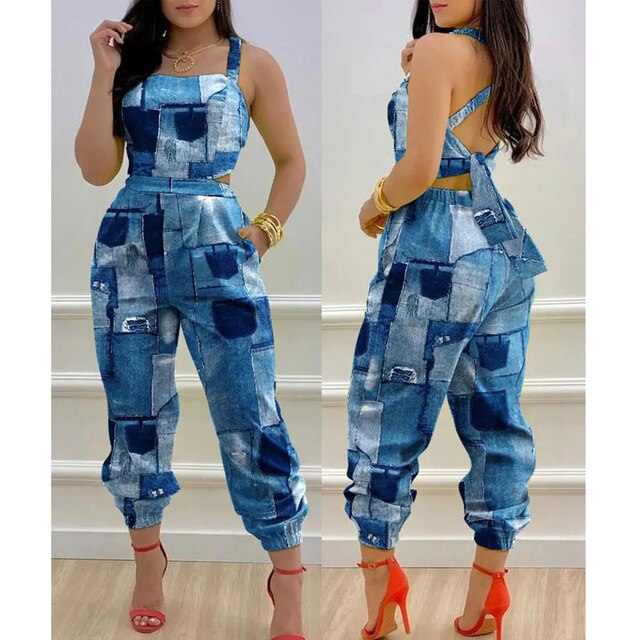 2022 Women Chic Casual Jumpsuits One Piece Plants Print Criss Cross Tied Detail Backless Jumpsuit